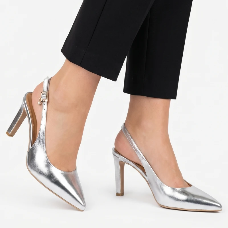 Srebrne skórzane czółenka z odkrytą piętą Baldaccini 207102 2