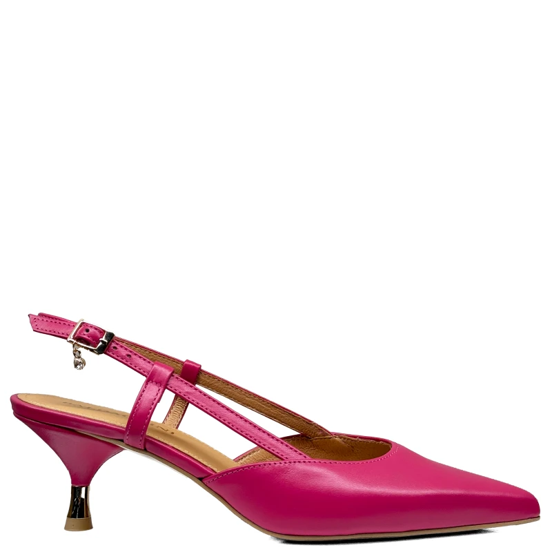 Fuksjowe różowe skórzane czółenka na niskim obcasie slingback 20735-11 3