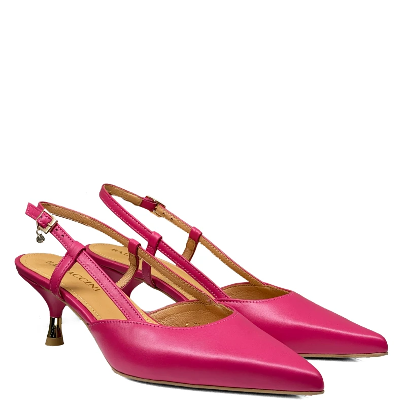 Fuksjowe różowe skórzane czółenka na niskim obcasie slingback 20735-11 4