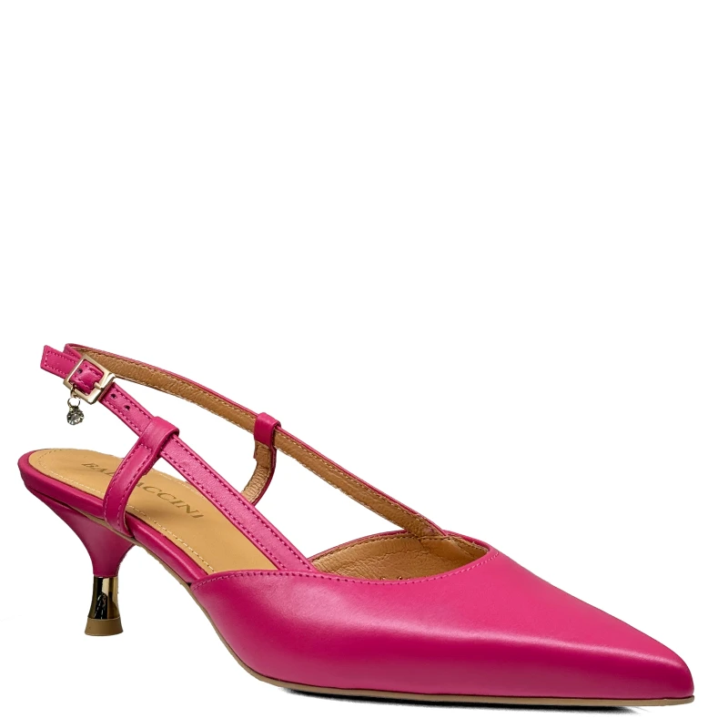 Fuksjowe różowe skórzane czółenka na niskim obcasie slingback 20735-11 2