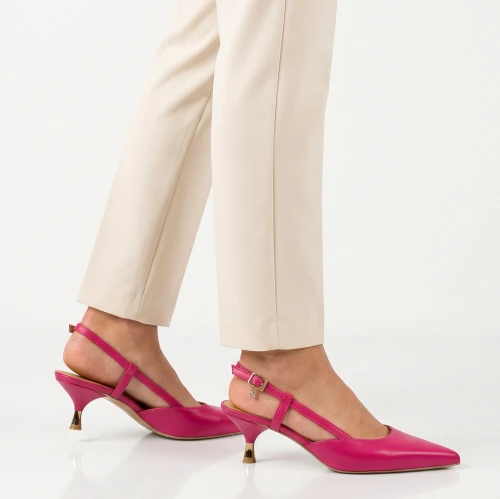 Fuksjowe różowe skórzane czółenka na niskim obcasie slingback  20735-11