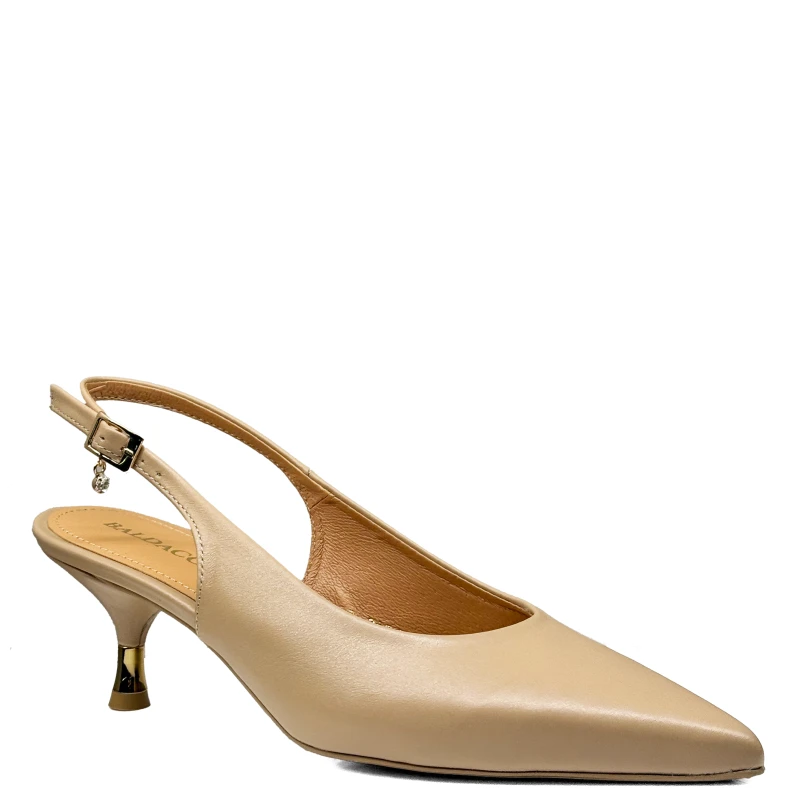Beżowe biszkoptowe skórzane czółenka na niskim obcasie slingback1