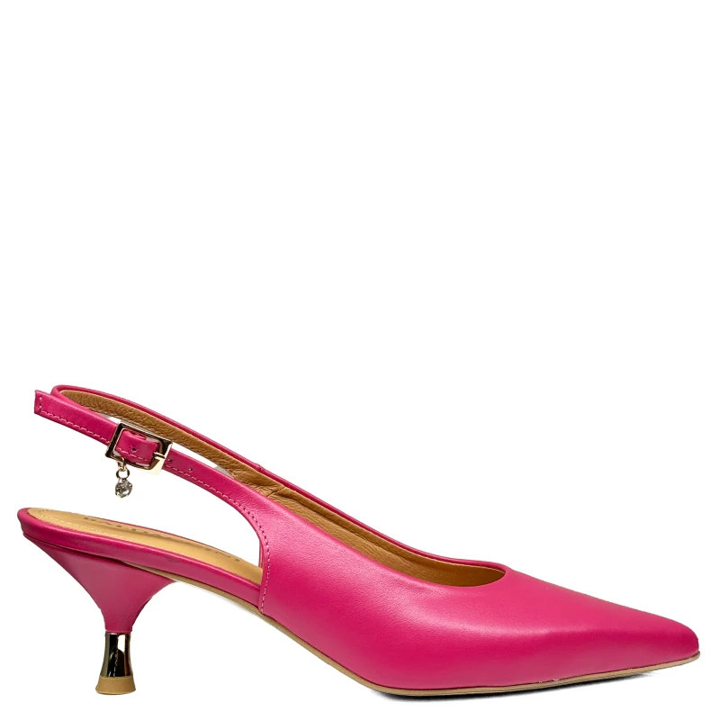 Fuksjowe różowe skórzane czółenka na niskim obcasie slingback2