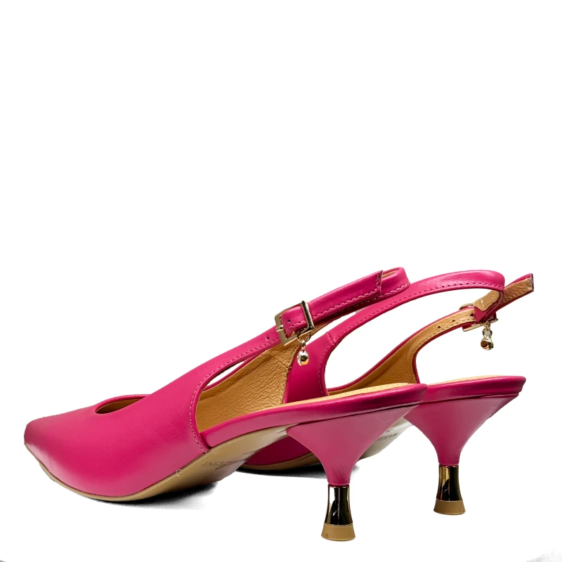Fuksjowe różowe skórzane czółenka na niskim obcasie slingback4