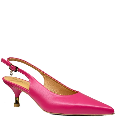 Fuksjowe różowe skórzane czółenka na niskim obcasie slingback  20765-336