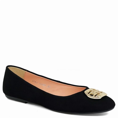 Czarne zamszowe baleriny ze złotą ozdobą 1472700-10 rozmiarówka zaniżona